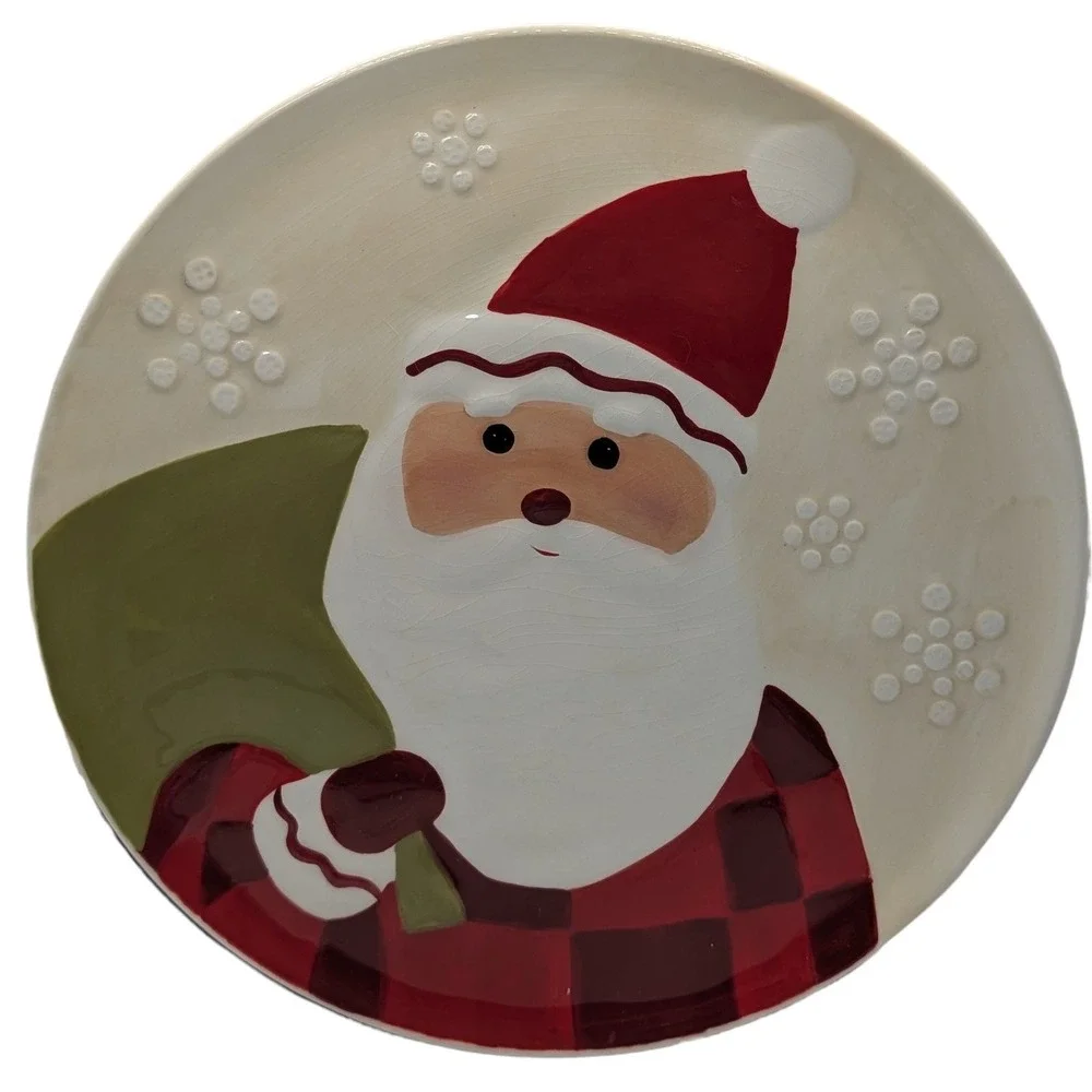Vintage Hallmark Santa Claus Plate Toy Bag Cookie Plate Textured Red White Green